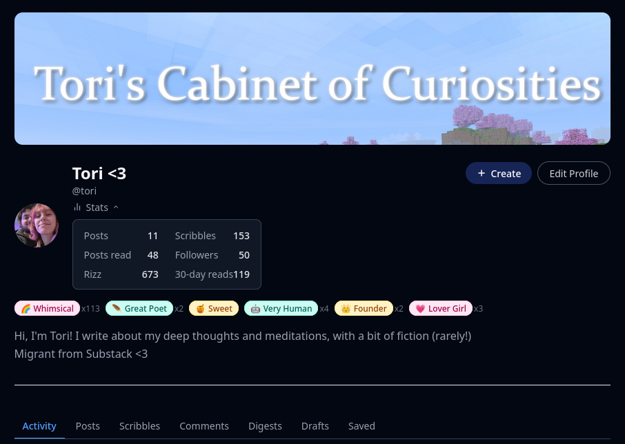 Wrizzit Profile Page Example: https://wrizzit.com/writer/tori